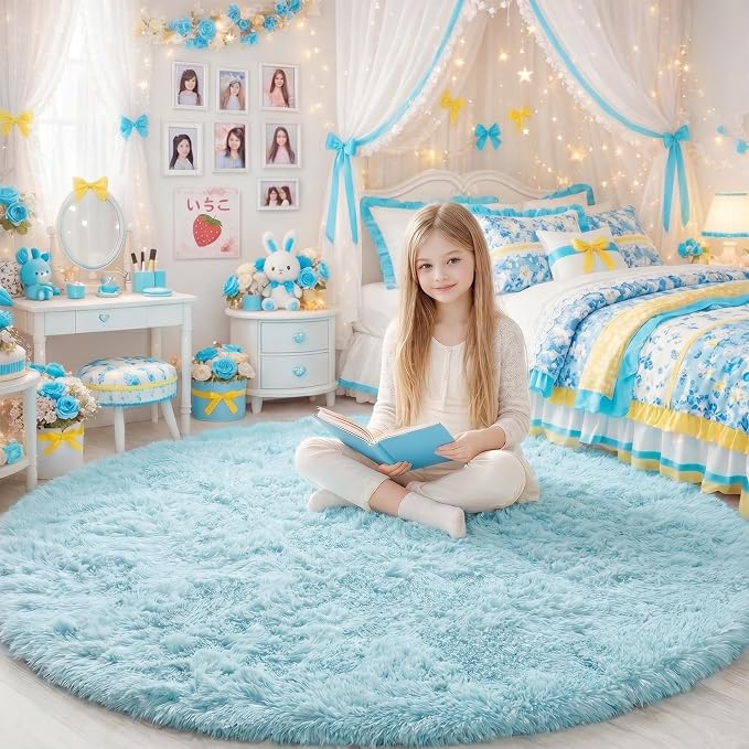 Amdrebio Light Blue Large Shag Plush Round Rug 6Ft - Image 7