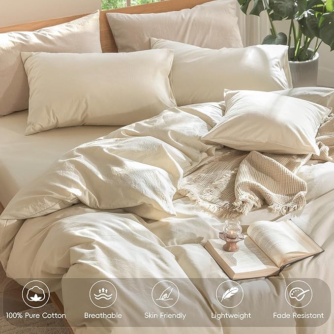 MooMee Bedding Duvet Cover Set 100% Washed Cotton Linen Like Textured Breathable Durable Soft Comfy (Heathered Almond Milk Grey, Oversized Queen 98"x98")