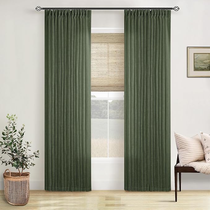 Olive Green Linen Pinch Pleated Light Filtering Curtains 84 Inches Long | Semi by Twodrapes