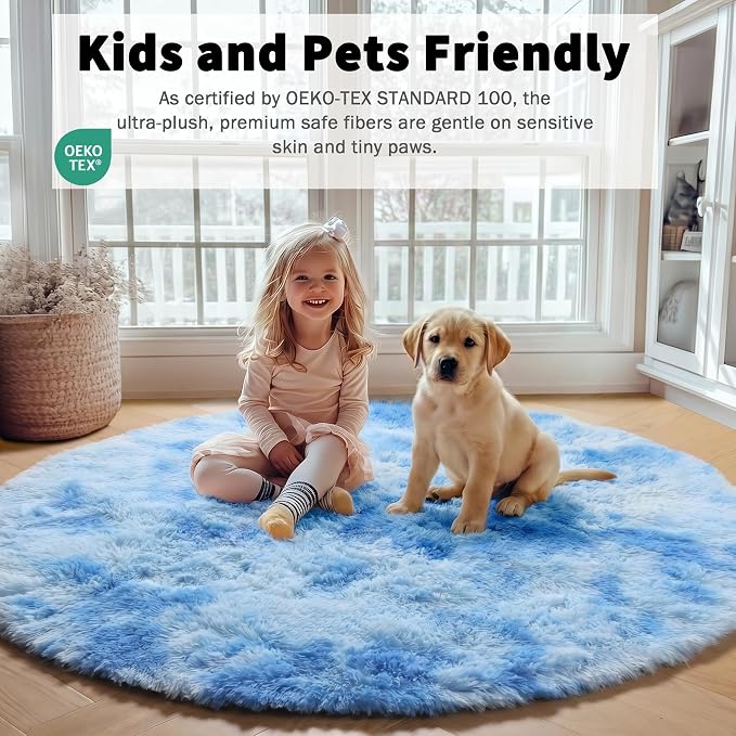 Round Rugs 5ft for Bedroom Living Room, Tie-Dye Blue Fluffy Circle Area Rug for - Image 6