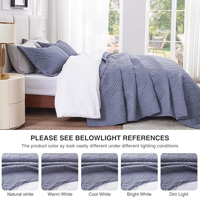 Love's cabin Quilts for Queen Bed Bluish Grey Bedspreads Bedding Set - Summer Lightweight Bedspread Comforter - Wave Pattern Bedding Coverlet for All Season - 3 Pieces (1 Quilt, 2 Pillow Shams)