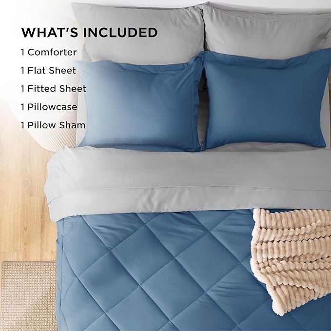 Bedsure Twin Comforter Set - 5 Pieces Reversible Slate Blue Bedding, Twin Size Bed Set for All Seasons, Bed in a Bag with Down Alternative Comforter, Sheets, Pillowcase & Sham