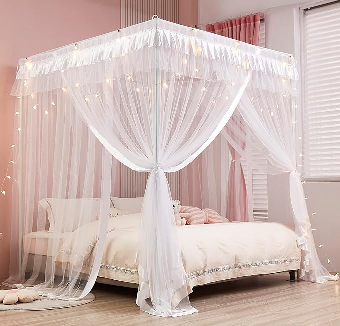 Mengersi 4 Corners Post Canopy Bed Curtains for Girls Kids Adults Queen Size- Cute Cozy Drape Square Netting - 4 Opening Mosquito Net - Princess Bedroom Decoration Gift