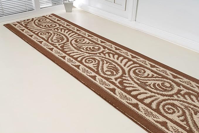 Custom Length Cut to Size Tribal Ethnic Southwestern Inspired Hallway Runner Rug, Non Slip Rubber Backed, 31 inch Wide X Customized Length, Mayan Brown, 31 inch X 11 feet