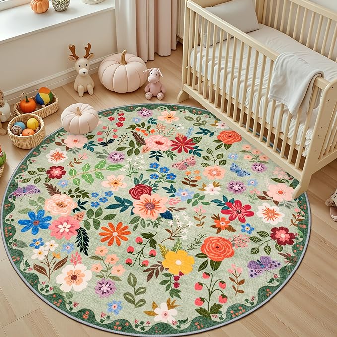 PLHXFR Round Area Rug Living Room: 4 ft Floral Washable Soft Carpet Green | - Image 5