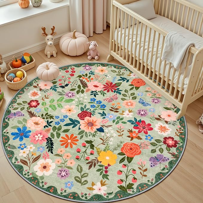 PLHXFR Round Area Rug Living Room: 6 ft Floral Washable Soft Carpet Green | - Image 5