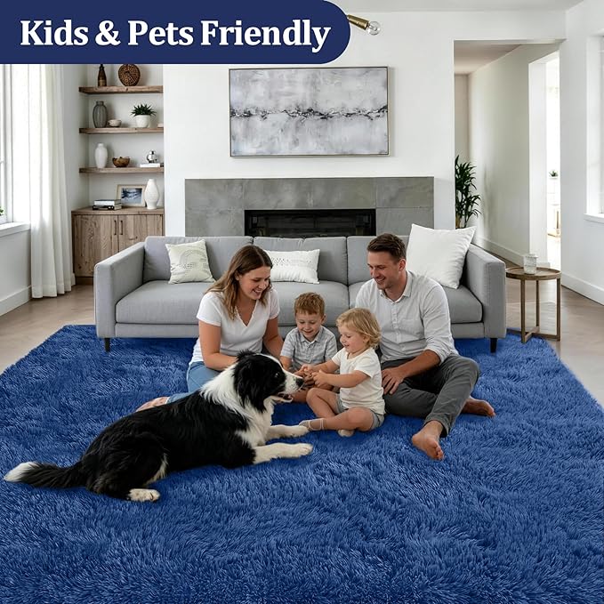 Area Rug Living Room Bedroom: 6x9 Fluffy Plush Shag Carpet Blue | - Image 4