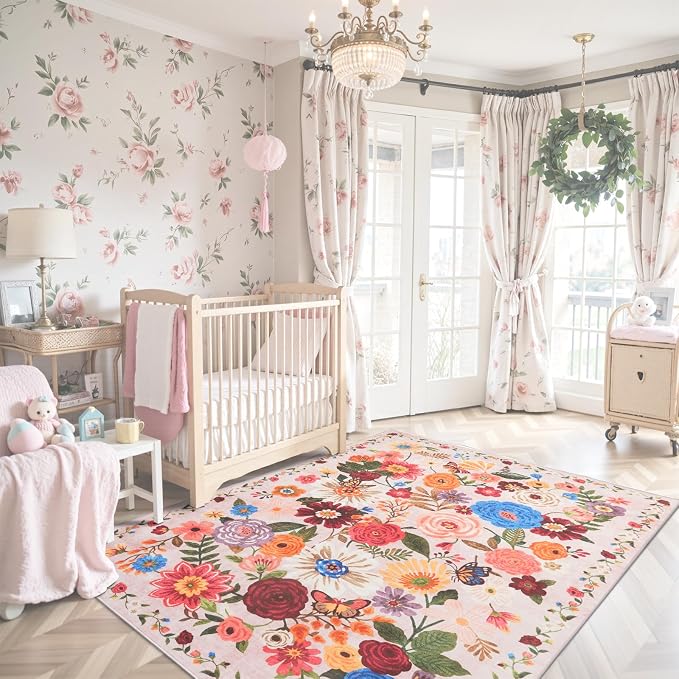 Blush Floral Entryway 3x5 Rug for Bathroom Bedroom Washable Rug | Non Slip Soft - Image 5
