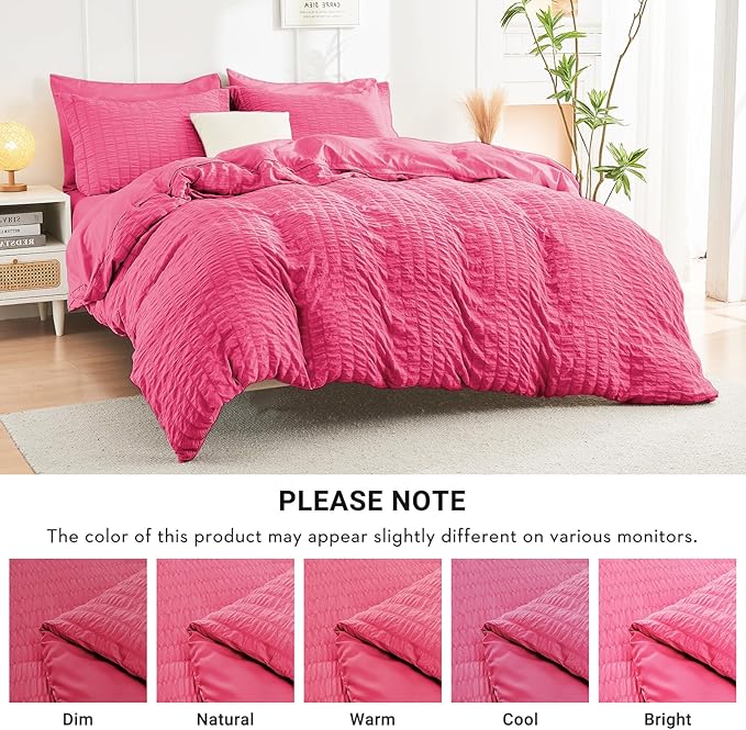 HYMOKEGE Hot Pink Full Size Comforter Sets Seersucker 7 Pieces, All Season Luxury Bed in a Bag for Bedroom, Bedding Set with Comforter, Sheets, Pillowcases & Shams