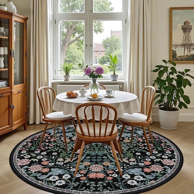 PLHXFR Round Area Rug Living Room: 6 ft Floral Washable Carpet Dark Black | - Image 4