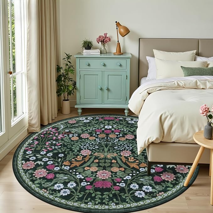 PLHXFR Round Area Rug Living Room: 8 ft Floral Washable Carpet Dark Green | - Image 2