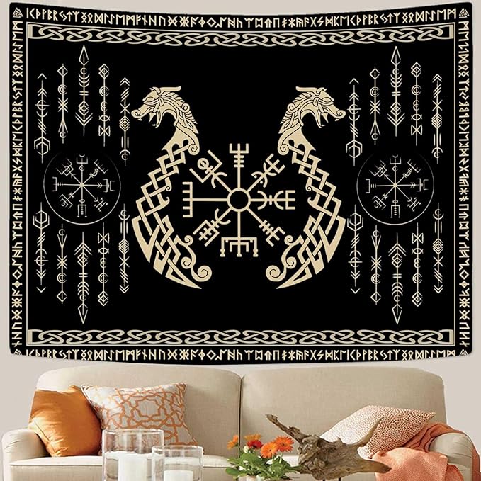 OSUNBD Nordic Vikings Tapestry, Large 8490 inches Soft Flannel, Vegvsir Symbol Twins Dragons Celtic Rune Scandinavian Aesthetic Mythology Tapestry Wall Hanging for Bedroom Living Room Decor