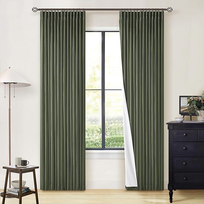 Olive Pinch Pleated 100% Blackout Linen 80 Inch Window Curtains | Room by Twodrapes