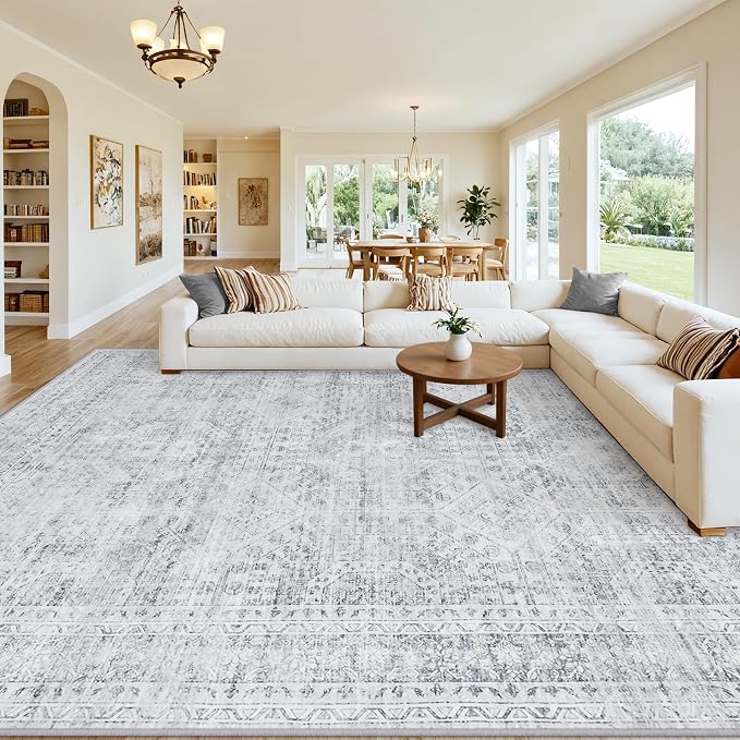 10x14 Area Rugs Living Room: Bedroom Neutral Washable Carpet Gray | Vintage by Luxturiy