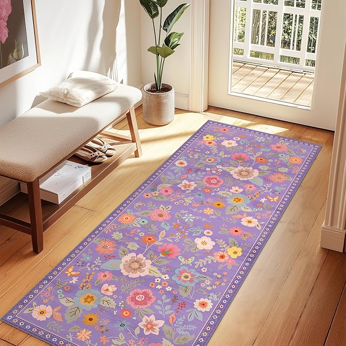 Floral Washable 2x6 Area Rugs Runner Entryway Hallway Purple/Pink | Flower - Image 2