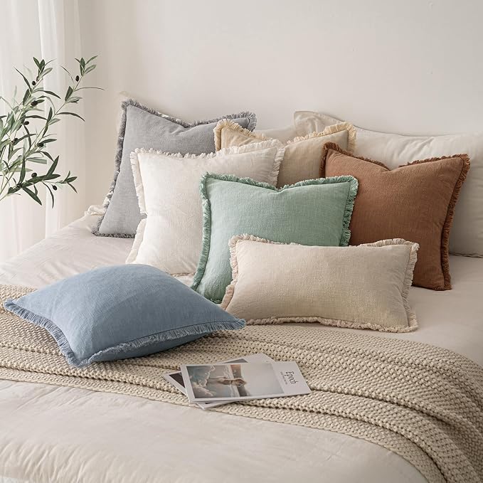 MIULEE Boho Linen Fringe Decorative Throw Pillow Covers Aqua Green 18x18 | Set - Image 6