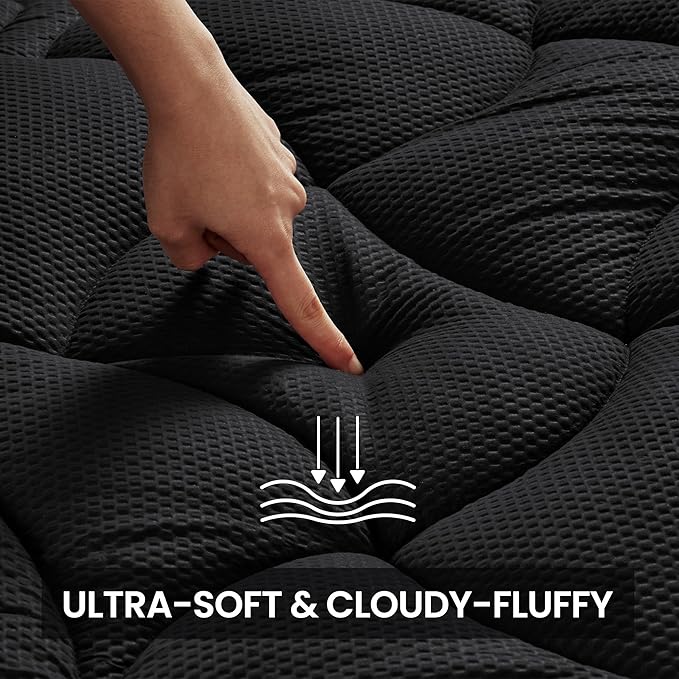SLEEP ZONE Full Size Cooling Mattress Topper for Double Bed, Premium Zoned Cool Mattress Pad Cover, Padded Mattress Protector Breathable Washable, Deep Pocket 8-21" (Black, Full)