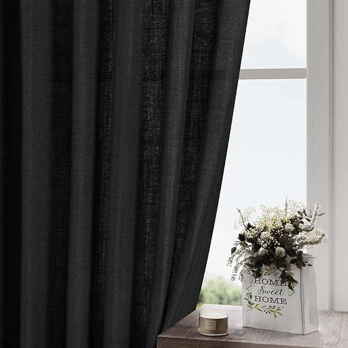 Black Short Linen Textured Curtains 40 Inches Long 2 Panels Set - Image 5