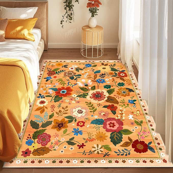 RELEANY Floral Washable 3x5 Area Rugs Yellow/Orange/Red | Flower Carpet Print by RELEANY