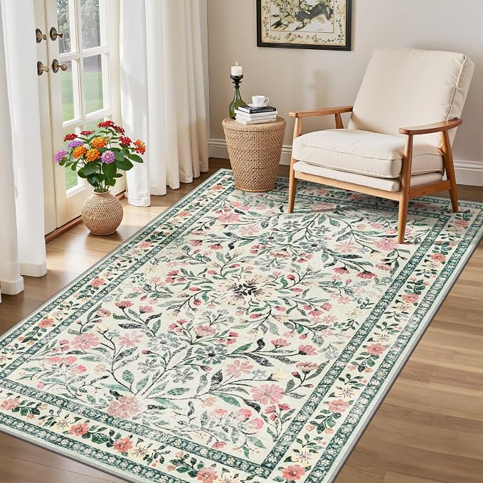 PLHXFR Area Rug Living Room: 3x5 Floral Washable Boho Carpet Green Beige | - Image 4