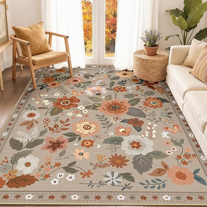 RELEANY Floral Washable 5x7 Area Rugs Brown/Brick | Flower Carpet Print Boho by RELEANY