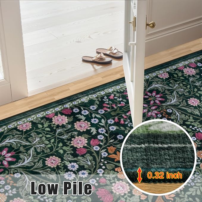 PLHXFR 2x3 Small Entryway Rug: Floral Washable Indoor Carpet Dark Green | - Image 9