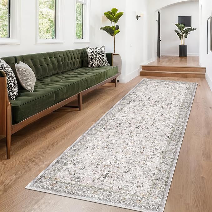 Neutral Light Gray & Sage Kitchen Rug 10 ft Long - Image 6