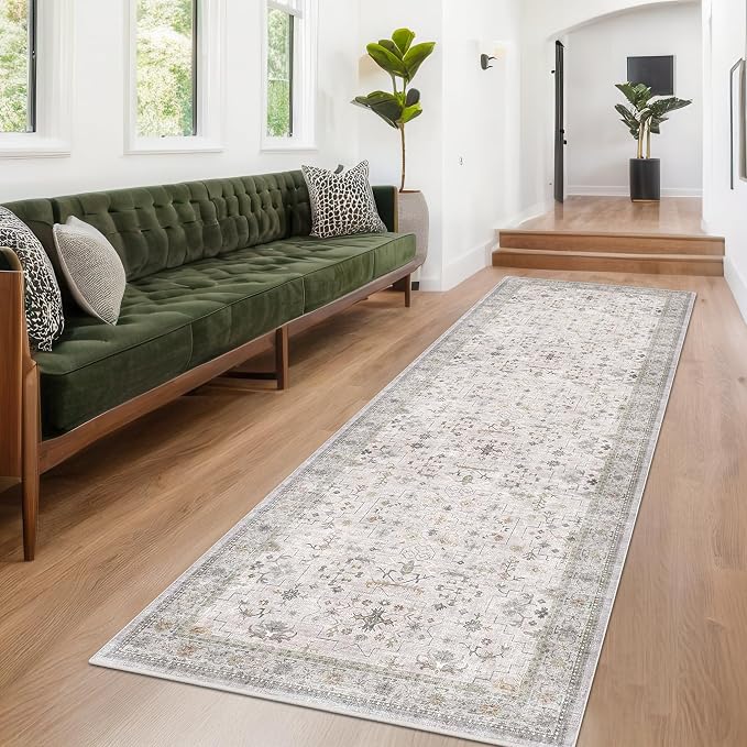 Boho Washable 3x20 Extra Long Hallway Runner Rug, Neutral Light Gray & Sage - Image 3