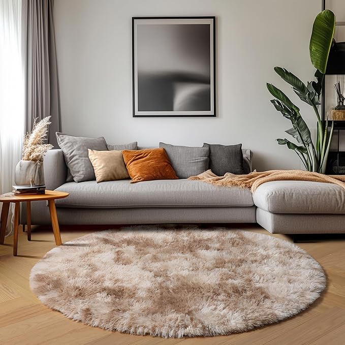 Round Rugs 6ft for Living Room Bedroom, Tie-Dye Beige Fluffy Circle Area Rug - Image 9