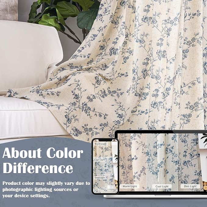 Blue Vintage Floral Linen Curtains Farmhouse 50W X 90L 2 Panels | Elisa Series - Image 6