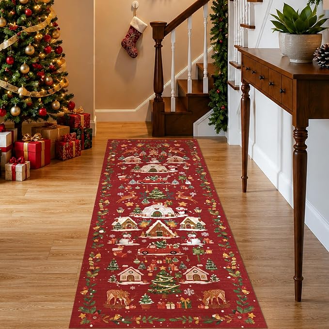 Red 2x6 Kitchen Runner Rug: Non-Slip Printed Hallway Christmas Tree Rugs - Image 9