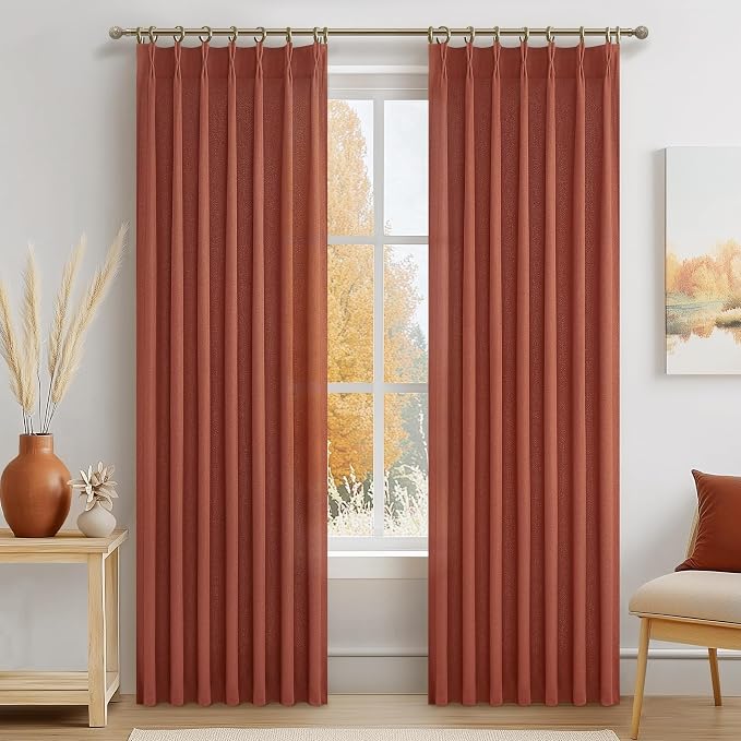 Burnt Orange Flax Linen Sheer Curtains 84 Inches Long by PleatedDrapes
