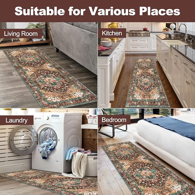 Yamaziot Washable Runner Rug, 2x6 Non-Slip Boho Vintage Hallway Kitchen Rug | - Image 7