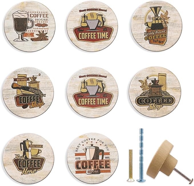 JamJam 8Pack 1-4/5Inch Round Vintage Coffee Themed Cabinet Kitchen Door Drawer Knobs and Pulls
