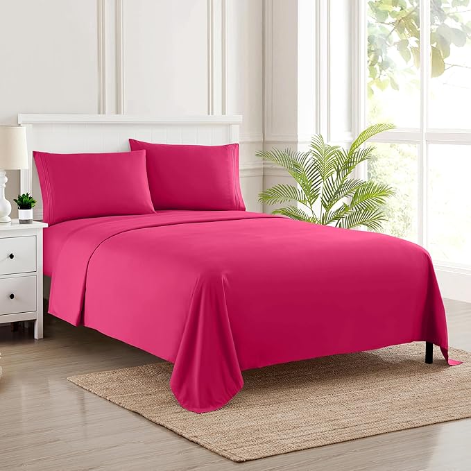 Sweet Home Collection California King Size Sheet Set with Built-in Sheet Straps - Deep Pocket Fitted Sheet, Flat Sheet & Pillowcases - Soft, Wrinkle-Free, Secure Fit - Fuschia