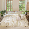 MooMee Bedding Duvet Cover Set 100% Washed Cotton Linen Like Textured Breathable Durable Soft Comfy (Solid Cream White, Oversized Queen 98"x98")