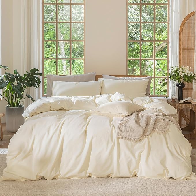 MooMee Bedding Duvet Cover Set 100% Washed Cotton Linen Like Textured Breathable Durable Soft Comfy (Solid Cream White, Full 80"x90")