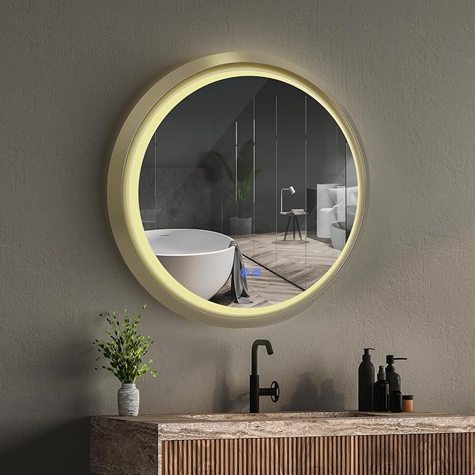 Round LED Bathroom Mirror with Lights, Front Lit Makeup Mirror, Anti-Fog, 3 Colors and Dimmable Light, 36 Inch Gold Frame