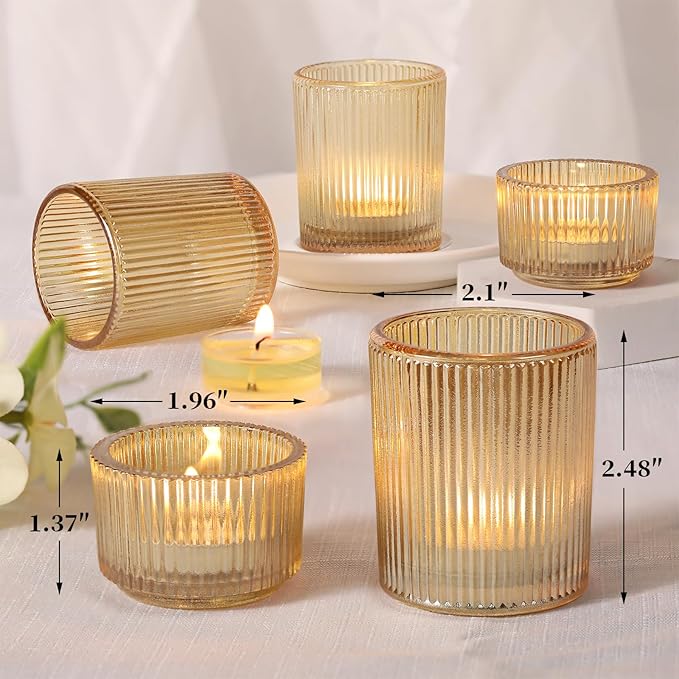 20pcs Ribbed Gold Votive Candle Holders, Assorted Tea Light Candle Holder Glass for Wedding Table Decor, Gold Candle Holders for Table Centerpieces, Diwali, Brithday, Party and Holiday Decor