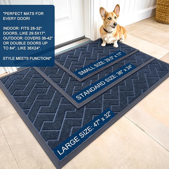 OLANLY Front Door Mat Outside 47x32, All-Season Absorbent Rubber Doormat | Blue - Image 2