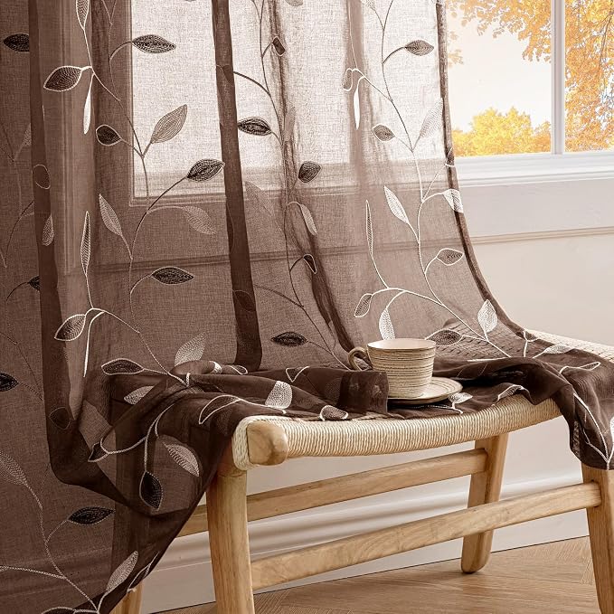 MIULEE Chocolate Brown Sheer Curtains 2 Panels Leaf Patterned, W52 x L63 | by MIULEE