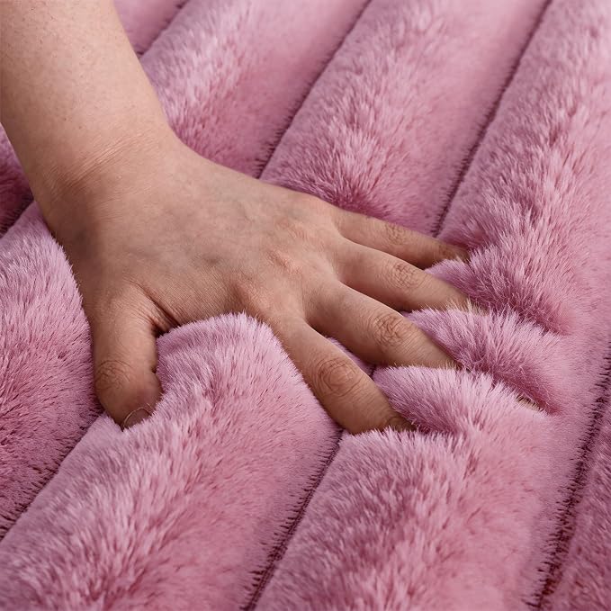 Dusty Rose Rabbit Striped Plush Rug 5'x8', Fluffy Shaggy Area Rug - Image 4