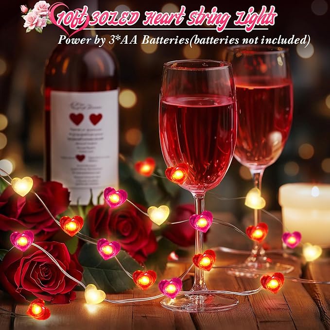 Coquimbo Heart String Lights, 10FT 30 LED Heart Shaped Fairy Lights Battery Operated Room Decor Mothers Day Decor for Home Bedroom Wedding Anniversary Party