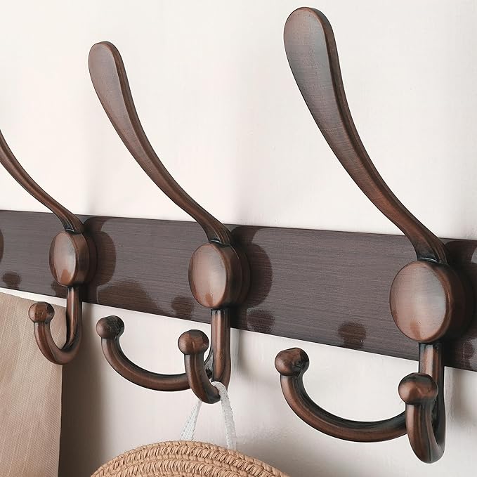 Dseap Coat Rack Wall Mount - 29.5” Long 8-Tri-Hooks Heavy Duty Coat Hanger Rail Wall Hooks for Hanging Coats Hats Clothing Clothes Purse Mudroom Entryway, Red Antique Copper