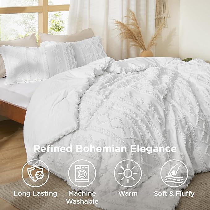 Bedsure Tufted Boho Comforter Set King Size - Bright White Boho Bed Set, GentleSoft™ 3 Pieces Farmhouse Shabby Chic Embroidery Bedding, Gifts for Woman, Soft Jacquard King Comforter for All Seasons