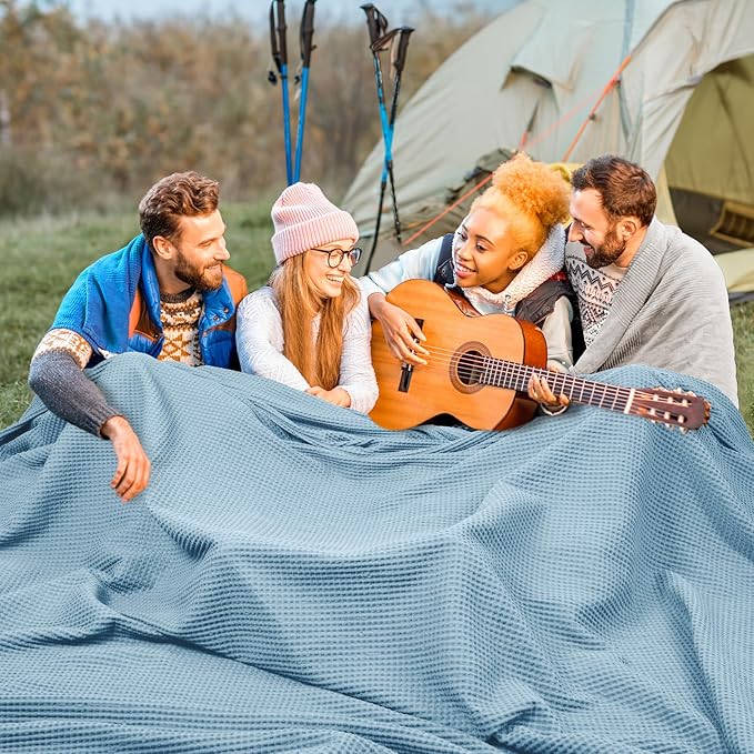 PHF Pre-Washed Cotton Waffle Weave Family Blanket,Oversized King Size 120"x 120"-Snag Proof Lightweight Breathable, 10'x 10' Huge Extra Large Big-Elegant Aesthetic Home Decoration Gift,Dusty Blue