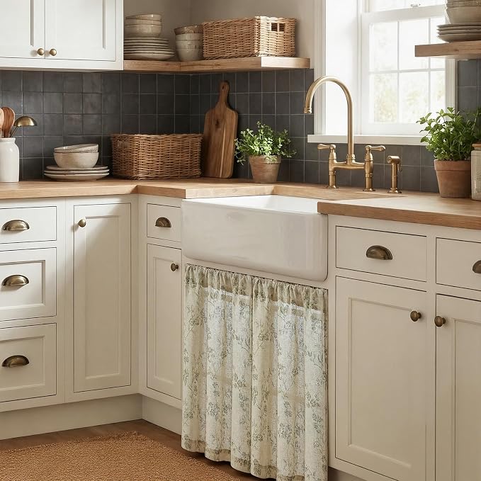Green on Beige Linen Kitchen Curtains Rod Pocket 26W X 36L 2 Panels | Elisa - Image 2