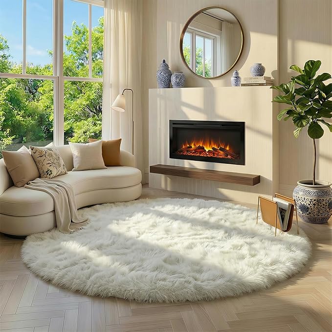 Amdrebio Cream Ivory White Round Fuzzy Rug 4Ft - Image 7