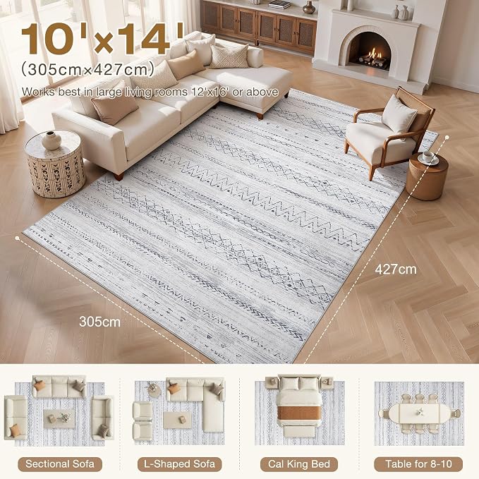 cotiled Boho 10x14 Area Rug for Living Room: Large Moroccan Washable Rug | - Image 8