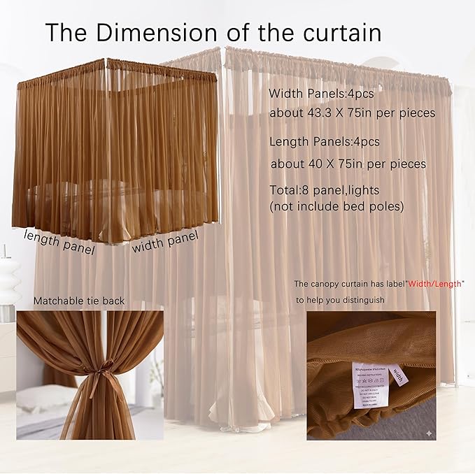 Akiky Canopy Bed Curtain with Lights Bed Drapes for Girls Adults Soft Bed Canopy Scarf for Bed Room Decoration (King, Coffee)